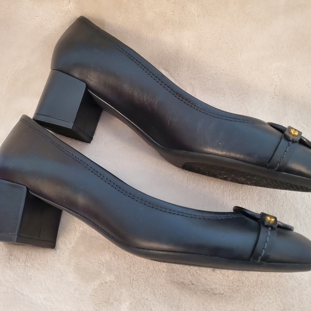 Tory Burch Leather Block Heel Pumps with Logo Cutout - Picture 2 of 7
